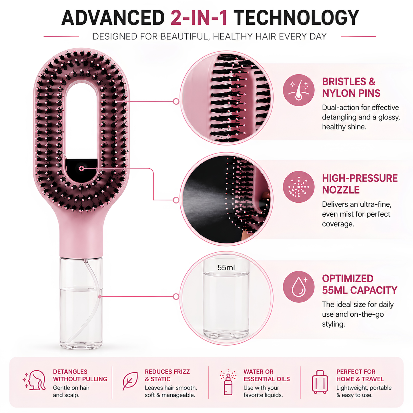 2-in-1 Detangling Spray Hair Brush – Scalp Massaging & Anti-Static Mist Comb