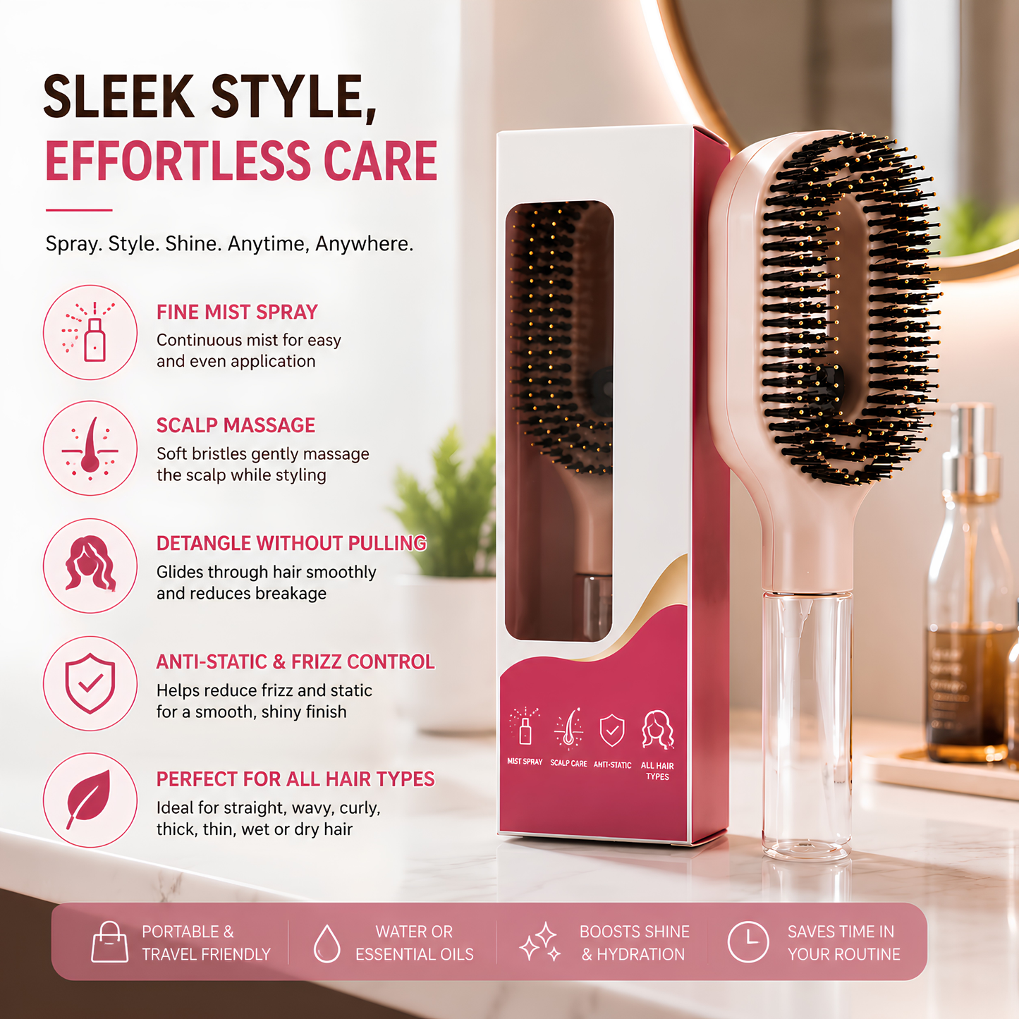 2-in-1 Detangling Spray Hair Brush – Scalp Massaging & Anti-Static Mist Comb