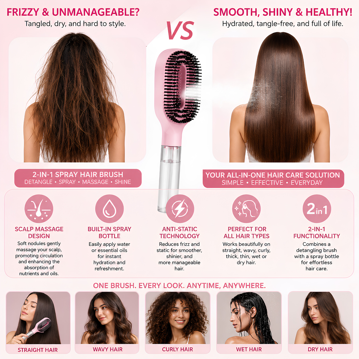 2-in-1 Detangling Spray Hair Brush – Scalp Massaging & Anti-Static Mist Comb